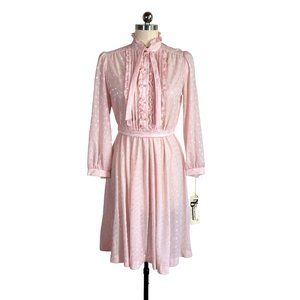 NWT vintage 70s 80s pink tie neck ruffle dress S/M deadstock secretary NEW vtg
